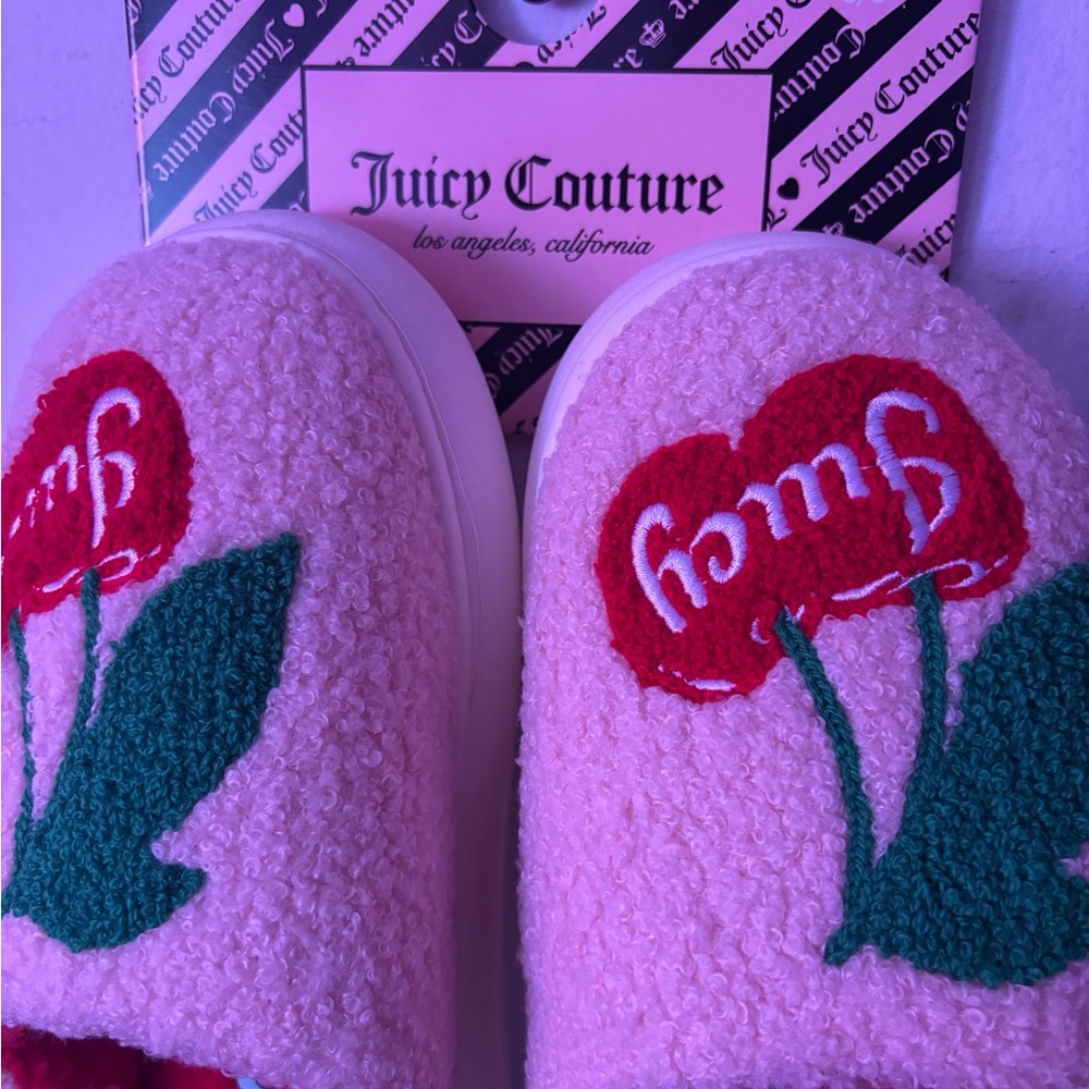 Juicy Couture Pink Slippers with Red and Green Floral Embroidery